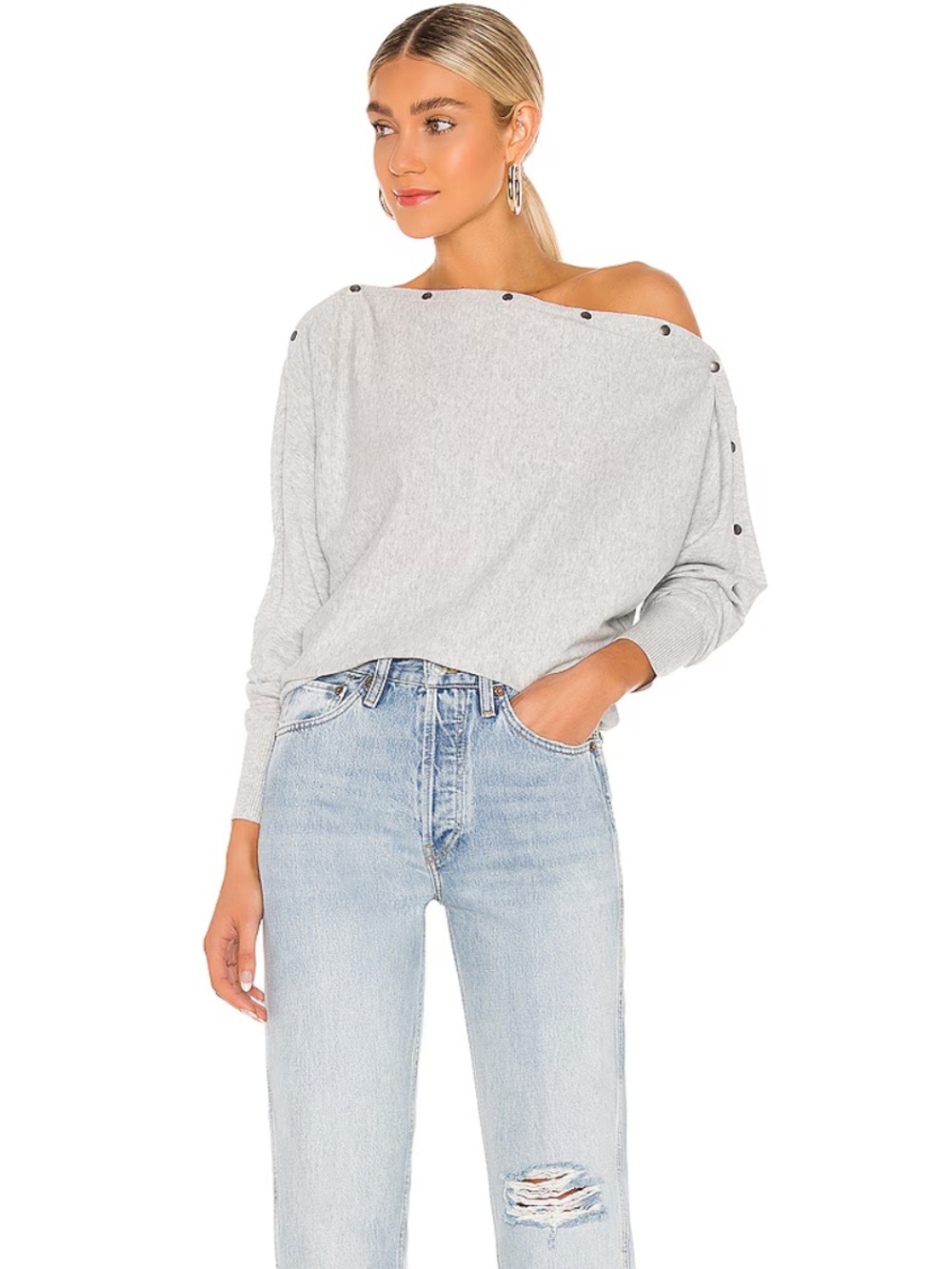 All Saints Elle Sweater Grey off shoulder button